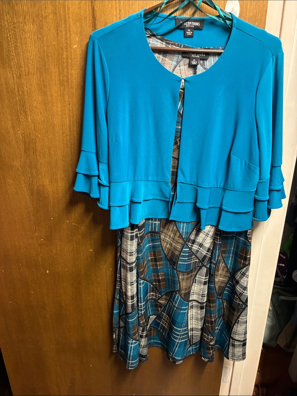 Perceptions Teal Ruffle Jacket with Plaid Dress Ensemble